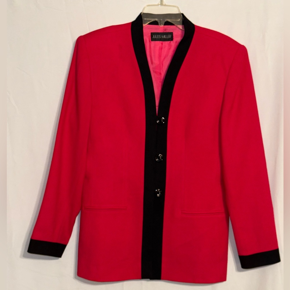 Jules Miller Elegant Red Wool Blazer with Black Trim Size 10